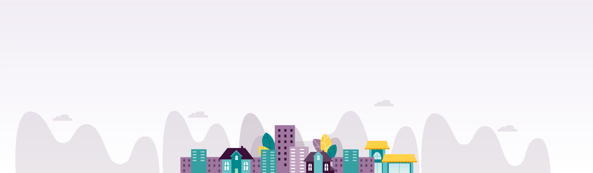 Illustration of buildings in front of mountains